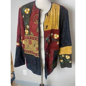 Vintage 90s Julia Kim Patchwork Floral Embroidered Chenille Jacket Small Boho